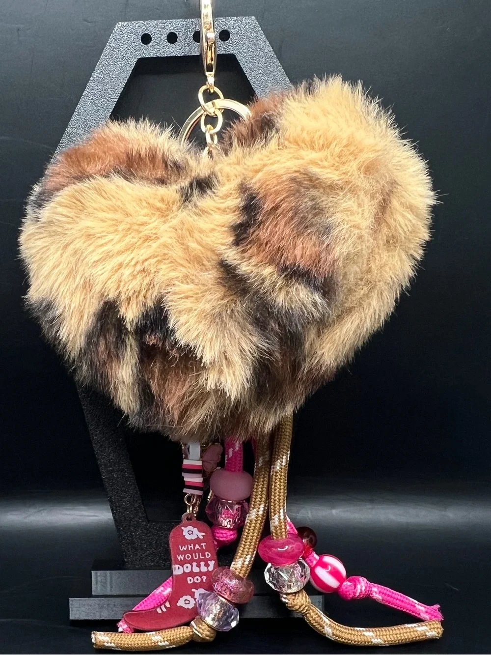 Dolly Inspired Gold Cheetah Heart Fur Pom Bag Charm Keychain 🐎💗